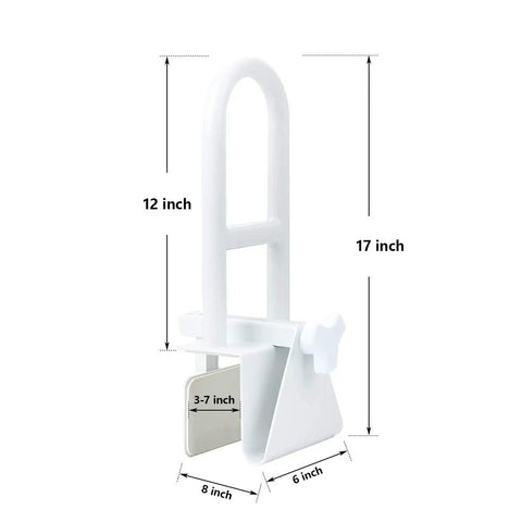 Sturdy Heavy Duty Tub Grab Bar Safety Rail With Adjustable Clamp Handle No Slip Grip Handrail for Seniors and Elderly Medical Grade Bathtub Support with measurements.