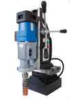 Rock Solid Workhorse Portable Magnetic Mill Drill With Adjustable Base, featuring a blue motor and adjustable lever for precise milling.