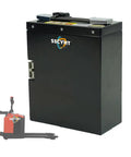 Top Tier 48V 12Ah Lithium Forklift Battery With Anderson Plug and Smart BMS Safety Protection alongside an electric pallet jack.