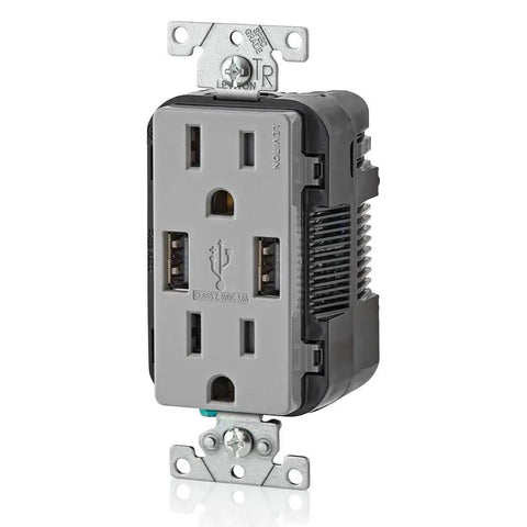 Type A USB In Wall Charger With 15 Amp Tamper Resistant Outlet And Dual High Power USB Ports 3.6A Total For Smartphones And Tablets Gray