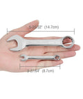 Stubby Metric Combination Wrench Set 12 Piece 8 To 19 mm Chrome Vanadium Hand Tools For Tight Spots Rust Resistant Chrome Finish Short Beam For Accessing Hard To Reach Fasteners, 19 mm and 8 mm wrenches in hand