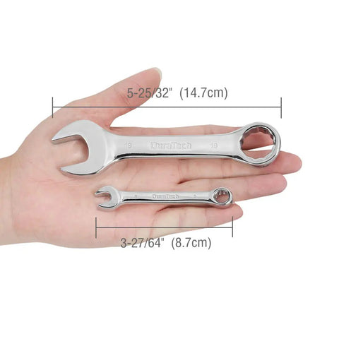 Stubby Metric Combination Wrench Set 12 Piece 8 To 19 mm Chrome Vanadium Hand Tools For Tight Spots Rust Resistant Chrome Finish Short Beam For Accessing Hard To Reach Fasteners, 19 mm and 8 mm wrenches in hand