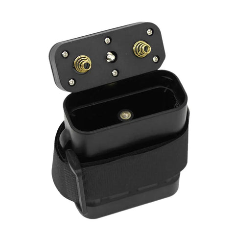 Kickass Slick IPX7 8.4V Rechargeable Battery Pack for Bikes and Cycling Headlamps with open lid and strap mount.