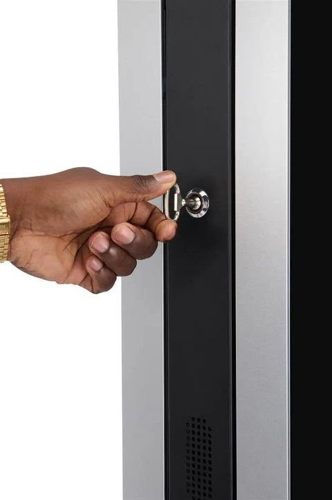 Person unlocking Heavy Duty 43 Inch Dual Sided Touchscreen Kiosk with a key for secure access.