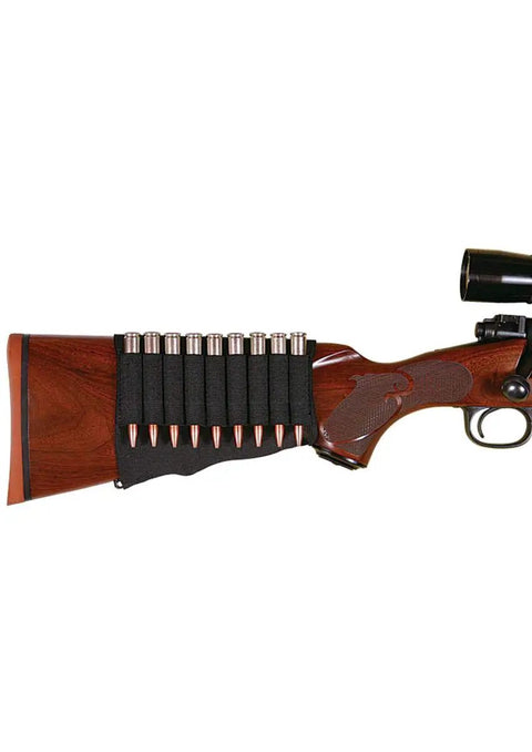 Butt Stock Rifle Shell Holder For Grab And Go Quick Access Pouch on wooden rifle butt, holds 9 cartridges, easy carry.