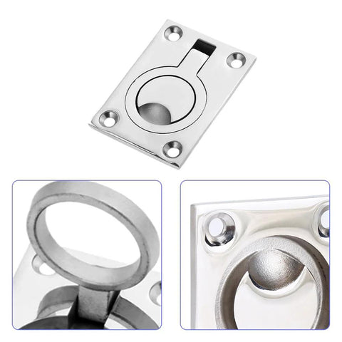 Flush Ring Pull Handle In Stainless Steel For Cabinets And Boats Hidden Recessed Square; marine-grade design with close-up views.