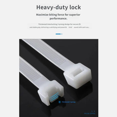 Heavy Duty Cable Ties For Quick Cord Cleanup And Wire Harness Organization PA66 Nylon Bundle Straps showing thickened 3-prong design.