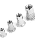 Knock Out Quality Stainless Steel Rivet Nut Kit With M3 M4 M5 M6 Threaded Inserts showing various sizes of rivet nuts.