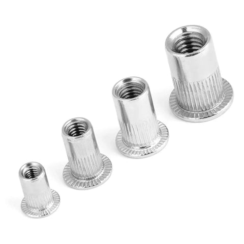 Knock Out Quality Stainless Steel Rivet Nut Kit With M3 M4 M5 M6 Threaded Inserts showing various sizes of rivet nuts.