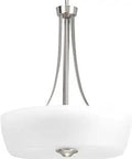 Leap Collection Three Light Brushed Nickel Pendant Light With Etched Glass for modern kitchens and dining areas.