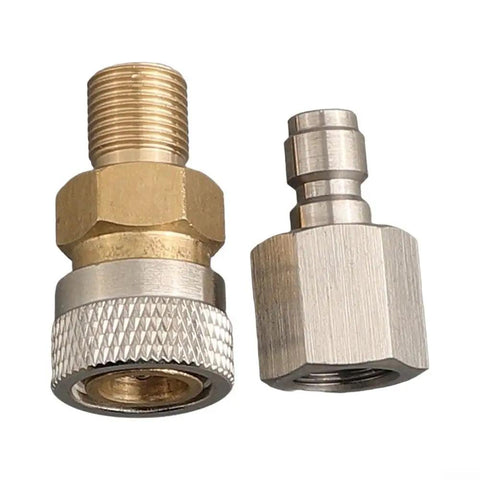 Top Shelf Quick Connect Filling Charging Hose With 1/8 Inch Thread High Pressure Pneumatic Air Line couplers showing brass and stainless steel materials.
