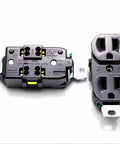 Real Deal Heavy Duty Double Wall Outlet Socket Nema 5 15R 15 Amps 125 Volts Dual US Three Prong Receptacle Replacement With UL CSA Certification Solid brass contacts visible in black dual outlet design.