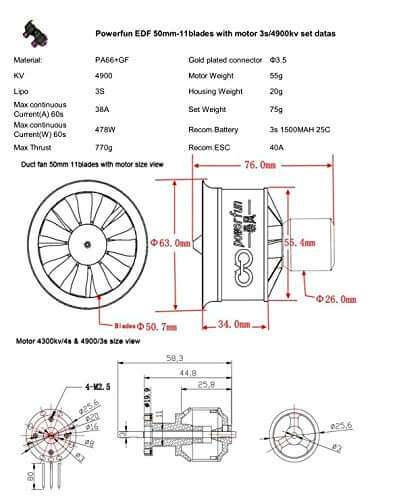 Technical diagram illustrating 50mm EDF Ducted Fan With 11 Blades 4300KV RC Brushless Motor 40A ESC 2-4S dimensions and specifications.