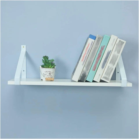 Heavy Duty Metal Corner Braces For Floating Shelves Wall Mount Triangle Shelf Supports Retro Decorative Steel Holder Set Of Two With Crisp White Finish holding books and a plant.