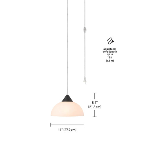 1 Light Plug-In Pendant Light In Dark Bronze With Frosted Shade And Adjustable Clear Cord Height, dimensions shown