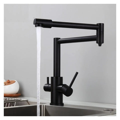 GAZOGJ Faucet, Brass Brushed Kitchen Folding Faucet with Pure Water Cold Hot Kitchen Modern Drinking Water 3 Way Filtered Faucet Mixer,Brushed with Hose-D, sleek black design.