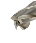 End mill with 1 inch cutting diameter and 3/4 inch straight shank, 4 flutes; close-up of cutting edges.