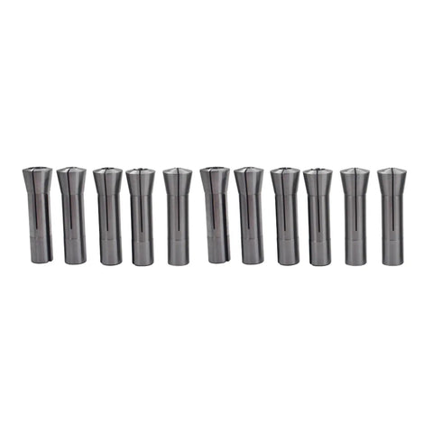 11 Piece R8 Collet Set 1/8 to 3/4 Inch for Milling and Lathe in hardened steel, 11 collets lined up, close view.