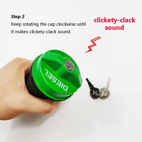 Locking Diesel Fuel Cap With Keys Fits Chevy Silverado Express C3500 K3500 Dodge Ram 3500 W350 D350 Ford F 250 E 350 GMC Sierra Savana Interchange 9MGC791 10591D OE Quality Durable Secure Cap showing green cap in hand and two keys