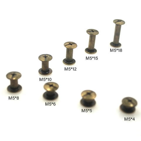 Heavy Duty Round Head Stud Leather Screws And Assorted Rivets Kit With 110 Pieces For Top Shelf Diy Projects And Slick Bookbinding Repairs In Rich Bronze Tone, 8 sizes displayed.