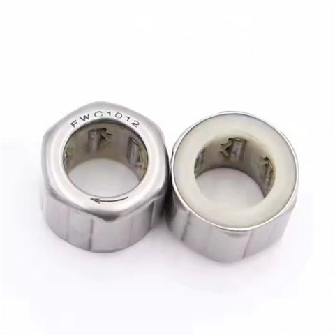 Two silver one-way clutch needle roller bearings, 12x18x9 mm; left shows engraved model text, right shows inner bore