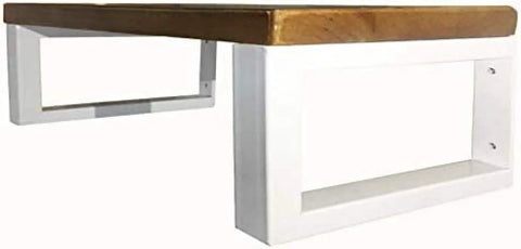 Top Shelf Metal Shelf Brackets Wall Mounts That Crush Heavy Loads, Solid Industrial Design In Crisp White Steel, Heavy Duty rectangular shelf brace with wood top.