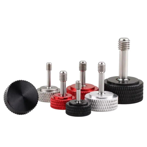 M4 X20mm Captive Screws With Knurled Thumb Heads 4 Pack Black Aluminum Body Stainless Steel Threads shown in various sizes.