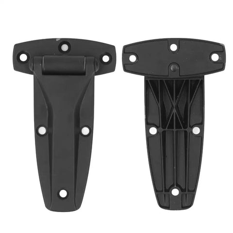 Built Tough 5.51 Inch Matte Black Zinc Alloy Soft Close T Strap Hinge No Slam Corner Bracket Heavy Duty No Nonsense Replacement Hardware For Indoor Cabinets And Toolboxes, showing front and back view.