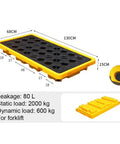 43L Yellow Spill Containment Pallet With Drain For Garage And Warehouse Heavy Duty Stackable HDPE Oil Drum Tray Drip Pan With Removable Grid Leak Proof Industrial Safety Storage with measurements