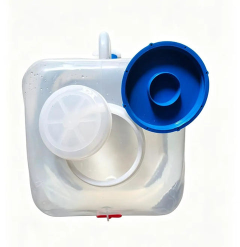 Top view of Two Pack 20L Collapsible Water Jugs with wide-mouth lid open, showing handle and blue cover.
