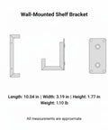 Three views of Must Have Wall Mounted Floating Shelf Bracket With Hooks in black, cold rolled steel, 10.04 x 3.19 x 1.77 inches.