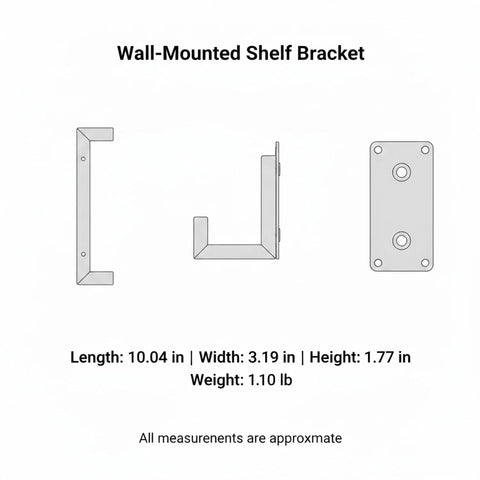 Three views of Must Have Wall Mounted Floating Shelf Bracket With Hooks in black, cold rolled steel, 10.04 x 3.19 x 1.77 inches.