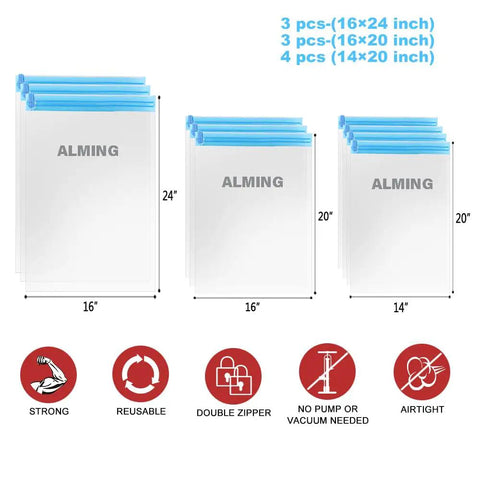 Space Saving Vacuum Bags For Travel 10 Pack No Pump Needed Compression Storage Bags For Luggage And Home Packing sizing chart