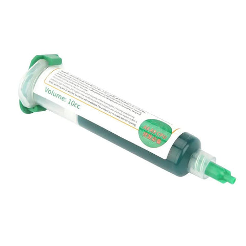 Green Light-Curing Solder Mask Ink syringe, 10cc volume, for PCB repairs with light exposure, DIY friendly application.