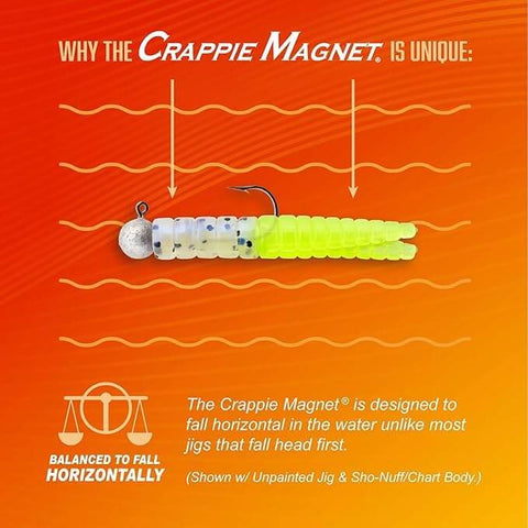 Image of Crappie Magnet jig demonstrating horizontal fall in water with unpainted jig and Sho-Nuff/chart body