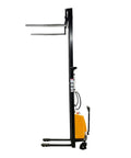 Heavy Duty Semi Electric Pallet Stacker Blasts 2204 Pounds Up To 138 Inches showing side view with slim legs and reinforced steel forks.