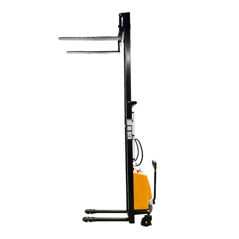 Heavy Duty Semi Electric Pallet Stacker Blasts 2204 Pounds Up To 138 Inches showing side view with slim legs and reinforced steel forks.