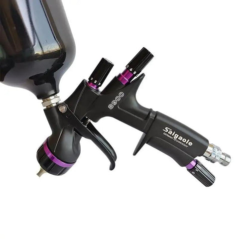 Top Shelf Top Feed Spray Gun High Atomization Pneumatic Paint Sprayer For Furniture Sheet Metal Projects 1.3Mm Tip 600Ml Cup Purple Model 8900 close-up of spray gun handle and cup