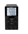 Front view of Adjustable AC DC Bench Power Supply for DIY PCB and phone repair with four-digit LED display and control knobs.
