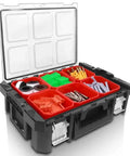 Six Tray Tool Box Organizer With Transparent Cover And Stackable Design, Detachable, Side Card Locks, filled with tools