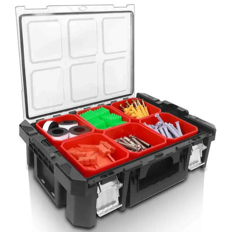 Six Tray Tool Box Organizer With Transparent Cover And Stackable Design, Detachable, Side Card Locks, filled with tools