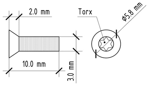 Premium Grade 2 Titanium Countersunk Screw Set Crisp Torx Drive Metric Fasteners detailed technical drawing with measurements