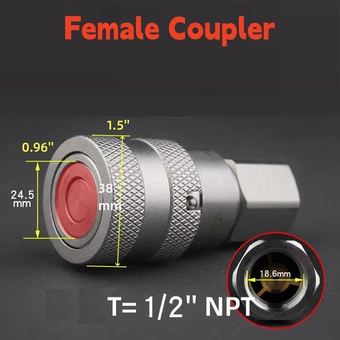 Front view of a 1/2 in NPT hydraulic quick-connect female coupler with knurled metal body and red seal