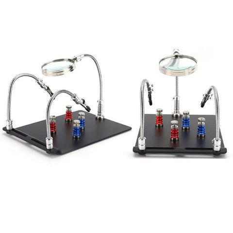 Two Third Hand Soldering Stations with 3X LED Magnifying Lamp Magnetic PCB Clamp and Flexible Arms, shown from different angles.