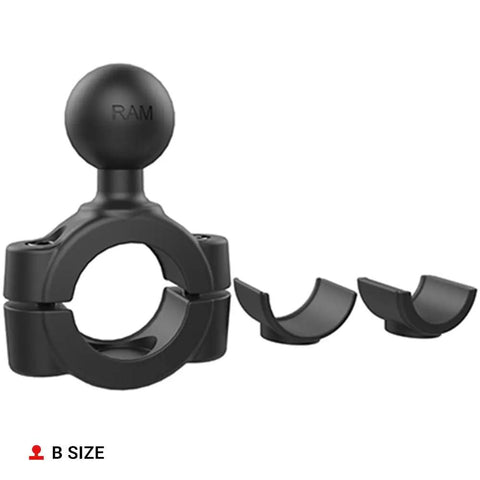 Torque Handlebar Mount Base With One Inch Ball For Three Quarters To One Inch Bars, shown with rubber inserts, clamp open.