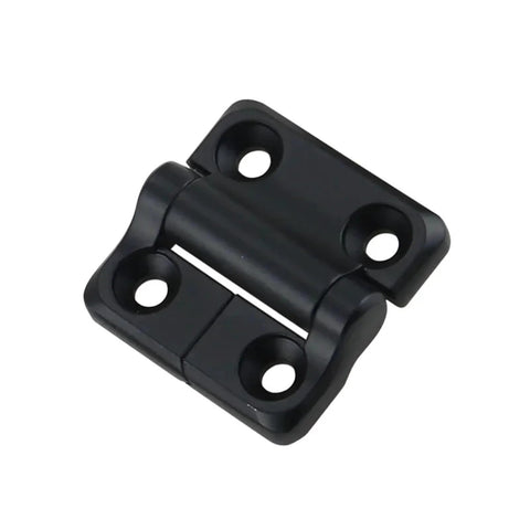 Close-up of black zinc-alloy torque hinge plate for square-damping hinges with four screw holes