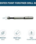 Carbon Steel Forstner Drill Bit For Woodworking Delivers Dead Nuts Accurate Cuts And Splinter Free Holes On Hard Wood MDF Plywood, 3/8 inch round shank.