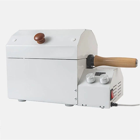 Rock Solid Home Coffee Roaster Featuring Quartz Heating Tube Adjustable Temperature Settings For Fresh Morning Beans Stainless Steel Electric Roasting Machine Smooth Operator Kitchen Must Have side view with wooden handle.