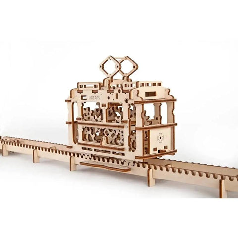 3D Mechanical Tram Kit Build Your Own Vintage Streetcar Model With Gears And Moving Parts Hands On STEM Puzzle For Adults And Teens Satisfying Build Realistic Motion And Fun To Play, wooden tram on track