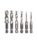 Six Piece Combination Tap And Drill Set Featuring Quarter Inch Hex Shank HSS Metric Threading Taps M3 To M10 Countersink Bits in a row.
